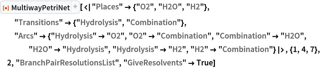 ResourceFunction[
 "MultiwayPetriNet"][<|"Places" -> {"O2", "H2O", "H2"}, "Transitions" -> {"Hydrolysis", "Combination"}, "Arcs" -> {"Hydrolysis" -> "O2", "O2" -> "Combination", "Combination" -> "H2O", "H2O" -> "Hydrolysis", "Hydrolysis" -> "H2", "H2" -> "Combination"}|>, {1, 4, 7}, 2, "BranchPairResolutionsList", "GiveResolvents" -> True]