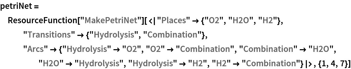 petriNet = ResourceFunction["MakePetriNet"][<|"Places" -> {"O2", "H2O", "H2"}, "Transitions" -> {"Hydrolysis", "Combination"}, "Arcs" -> {"Hydrolysis" -> "O2", "O2" -> "Combination", "Combination" -> "H2O", "H2O" -> "Hydrolysis", "Hydrolysis" -> "H2", "H2" -> "Combination"}|>, {1, 4, 7}]