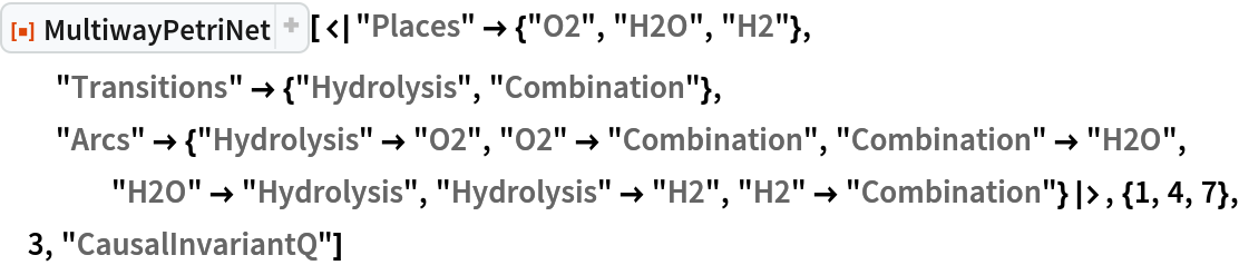 ResourceFunction[
 "MultiwayPetriNet"][<|"Places" -> {"O2", "H2O", "H2"}, "Transitions" -> {"Hydrolysis", "Combination"}, "Arcs" -> {"Hydrolysis" -> "O2", "O2" -> "Combination", "Combination" -> "H2O", "H2O" -> "Hydrolysis", "Hydrolysis" -> "H2", "H2" -> "Combination"}|>, {1, 4, 7}, 3, "CausalInvariantQ"]