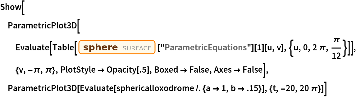 Show[ParametricPlot3D[
  Evaluate[Table[
    Entity["Surface", "Sphere"]["ParametricEquations"][1][u, v], {u, 0, 2 \[Pi], \[Pi]/12}]], {v, -\[Pi], \[Pi]}, PlotStyle -> Opacity[.5], Boxed -> False, Axes -> False], ParametricPlot3D[
  Evaluate[sphericalloxodrome /. {a -> 1, b -> .15}], {t, -20, 20 \[Pi]}]]