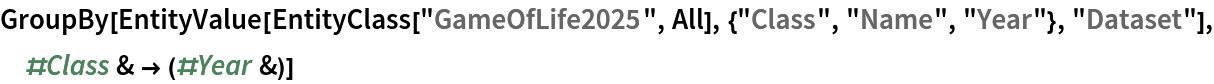 GroupBy[EntityValue[
  EntityClass["GameOfLife2025", All], {"Class", "Name", "Year"}, "Dataset"], #Class & -> (#Year &)]