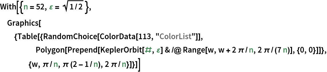 With[{n = 52, \[CurlyEpsilon] = Sqrt[1/2]}, Graphics[{Table[{RandomChoice[ColorData[113, "ColorList"]], Polygon[Prepend[
       KeplerOrbit[#, \[CurlyEpsilon]] & /@ Range[w, w + 2 \[Pi]/n, 2 \[Pi]/(7 n)], {0, 0}]]}, {w, \[Pi]/
      n, \[Pi] (2 - 1/n), 2 \[Pi]/n}]}]]