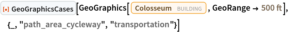 ResourceFunction["GeoGraphicsCases"][
 GeoGraphics[Entity["Building", "Colosseum::pq39x"], GeoRange -> Quantity[500, "Feet"]], {_, "path_area_cycleway", "transportation"}]