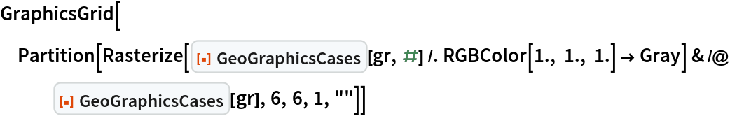 GraphicsGrid[
 Partition[
  Rasterize[
     ResourceFunction["GeoGraphicsCases"][gr, #] /. RGBColor[1., 1., 1.] -> Gray] & /@ ResourceFunction["GeoGraphicsCases"][gr], 6, 6, 1, ""]]