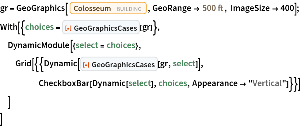gr = GeoGraphics[Entity["Building", "Colosseum::pq39x"], GeoRange -> Quantity[500, "Feet"], ImageSize -> 400];
With[{choices = ResourceFunction["GeoGraphicsCases"][gr]},
 DynamicModule[{select = choices},
  Grid[{{Dynamic[ResourceFunction["GeoGraphicsCases"][gr, select]], CheckboxBar[Dynamic[select], choices, Appearance -> "Vertical"]}}]
  ]
 ]