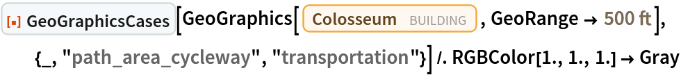 ResourceFunction["GeoGraphicsCases"][
  GeoGraphics[Entity["Building", "Colosseum::pq39x"], GeoRange -> Quantity[500, "Feet"]], {_, "path_area_cycleway", "transportation"}] /. RGBColor[1., 1., 1.] -> Gray