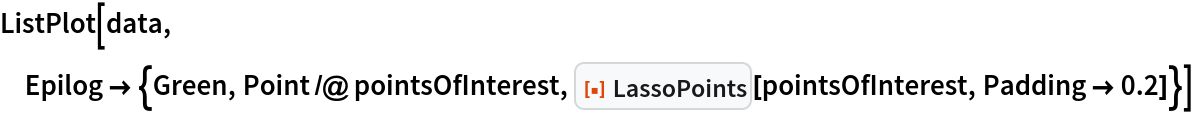ListPlot[data, Epilog -> {Green, Point /@ pointsOfInterest, ResourceFunction["LassoPoints"][pointsOfInterest, Padding -> 0.2]}]