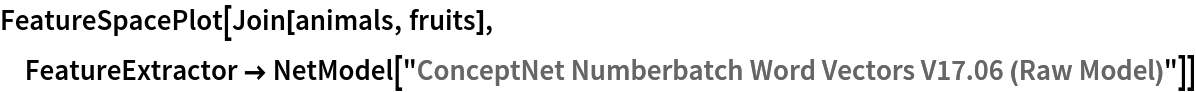 FeatureSpacePlot[Join[animals, fruits], FeatureExtractor -> NetModel["ConceptNet Numberbatch Word Vectors V17.06 (Raw Model)"]]