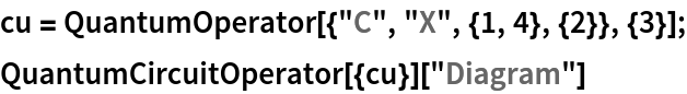 cu = QuantumOperator[{"C", "X", {1, 4}, {2}}, {3}];
QuantumCircuitOperator[{cu}]["Diagram"]