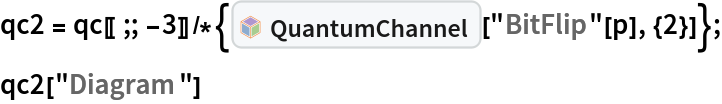 qc2 = qc[[;; -3]]/*{InterpretationBox[FrameBox[TagBox[TooltipBox[PaneBox[GridBox[List[List[GraphicsBox[List[Thickness[0.0025`], List[FaceForm[List[RGBColor[0.9607843137254902`, 0.5058823529411764`, 0.19607843137254902`], Opacity[1.`]]], FilledCurveBox[List[List[List[0, 2, 0], List[0, 1, 0], List[0, 1, 0], List[0, 1, 0], List[0, 1, 0]], List[List[0, 2, 0], List[0, 1, 0], List[0, 1, 0], List[0, 1, 0], List[0, 1, 0]], List[List[0, 2, 0], List[0, 1, 0], List[0, 1, 0], List[0, 1, 0], List[0, 1, 0], List[0, 1, 0]], List[List[0, 2, 0], List[1, 3, 3], List[0, 1, 0], List[1, 3, 3], List[0, 1, 0], List[1, 3, 3], List[0, 1, 0], List[1, 3, 3], List[1, 3, 3], List[0, 1, 0], List[1, 3, 3], List[0, 1, 0], List[1, 3, 3]]], List[List[List[205.`, 22.863691329956055`], List[205.`, 212.31669425964355`], List[246.01799774169922`, 235.99870109558105`], List[369.0710144042969`, 307.0436840057373`], List[369.0710144042969`, 117.59068870544434`], List[205.`, 22.863691329956055`]], List[List[30.928985595703125`, 307.0436840057373`], List[153.98200225830078`, 235.99870109558105`], List[195.`, 212.31669425964355`], List[195.`, 22.863691329956055`], List[30.928985595703125`, 117.59068870544434`], List[30.928985595703125`, 307.0436840057373`]], List[List[200.`, 410.42970085144043`], List[364.0710144042969`, 315.7036876678467`], List[241.01799774169922`, 244.65868949890137`], List[200.`, 220.97669792175293`], List[158.98200225830078`, 244.65868949890137`], List[35.928985595703125`, 315.7036876678467`], List[200.`, 410.42970085144043`]], List[List[376.5710144042969`, 320.03370475769043`], List[202.5`, 420.53370475769043`], List[200.95300006866455`, 421.42667961120605`], List[199.04699993133545`, 421.42667961120605`], List[197.5`, 420.53370475769043`], List[23.428985595703125`, 320.03370475769043`], List[21.882003784179688`, 319.1406993865967`], List[20.928985595703125`, 317.4896984100342`], List[20.928985595703125`, 315.7036876678467`], List[20.928985595703125`, 114.70369529724121`], List[20.928985595703125`, 112.91769218444824`], List[21.882003784179688`, 111.26669120788574`], List[23.428985595703125`, 110.37369346618652`], List[197.5`, 9.87369155883789`], List[198.27300024032593`, 9.426692008972168`], List[199.13700008392334`, 9.203690528869629`], List[200.`, 9.203690528869629`], List[200.86299991607666`, 9.203690528869629`], List[201.72699999809265`, 9.426692008972168`], List[202.5`, 9.87369155883789`], List[376.5710144042969`, 110.37369346618652`], List[378.1179962158203`, 111.26669120788574`], List[379.0710144042969`, 112.91769218444824`], List[379.0710144042969`, 114.70369529724121`], List[379.0710144042969`, 315.7036876678467`], List[379.0710144042969`, 317.4896984100342`], List[378.1179962158203`, 319.1406993865967`], List[376.5710144042969`, 320.03370475769043`]]]]], List[FaceForm[List[RGBColor[0.5529411764705883`, 0.6745098039215687`, 0.8117647058823529`], Opacity[1.`]]], FilledCurveBox[List[List[List[0, 2, 0], List[0, 1, 0], List[0, 1, 0], List[0, 1, 0]]], List[List[List[44.92900085449219`, 282.59088134765625`], List[181.00001525878906`, 204.0298843383789`], List[181.00001525878906`, 46.90887451171875`], List[44.92900085449219`, 125.46986389160156`], List[44.92900085449219`, 282.59088134765625`]]]]], List[FaceForm[List[RGBColor[0.6627450980392157`, 0.803921568627451`, 0.5686274509803921`], Opacity[1.`]]], FilledCurveBox[List[List[List[0, 2, 0], List[0, 1, 0], List[0, 1, 0], List[0, 1, 0]]], List[List[List[355.0710144042969`, 282.59088134765625`], List[355.0710144042969`, 125.46986389160156`], List[219.`, 46.90887451171875`], List[219.`, 204.0298843383789`], List[355.0710144042969`, 282.59088134765625`]]]]], List[FaceForm[List[RGBColor[0.6901960784313725`, 0.5882352941176471`, 0.8117647058823529`], Opacity[1.`]]], FilledCurveBox[List[List[List[0, 2, 0], List[0, 1, 0], List[0, 1, 0], List[0, 1, 0]]], List[List[List[200.`, 394.0606994628906`], List[336.0710144042969`, 315.4997024536133`], List[200.`, 236.93968200683594`], List[63.928985595703125`, 315.4997024536133`], List[200.`, 394.0606994628906`]]]]]], List[Rule[BaselinePosition, Scaled[0.15`]], Rule[ImageSize, 10], Rule[ImageSize, 15]]], StyleBox[RowBox[List["QuantumChannel", " "]], Rule[ShowAutoStyles, False], Rule[ShowStringCharacters, False], Rule[FontSize, Times[0.9`, Inherited]], Rule[FontColor, GrayLevel[0.1`]]]]], Rule[GridBoxSpacings, List[Rule["Columns", List[List[0.25`]]]]]], Rule[Alignment, List[Left, Baseline]], Rule[BaselinePosition, Baseline], Rule[FrameMargins, List[List[3, 0], List[0, 0]]], Rule[BaseStyle, List[Rule[LineSpacing, List[0, 0]], Rule[LineBreakWithin, False]]]], RowBox[List["PacletSymbol", "[", RowBox[List["\"Wolfram/QuantumFramework\"", ",", "\"Wolfram`QuantumFramework`QuantumChannel\""]], "]"]], Rule[TooltipStyle, List[Rule[ShowAutoStyles, True], Rule[ShowStringCharacters, True]]]], Function[Annotation[Slot[1], Style[Defer[PacletSymbol["Wolfram/QuantumFramework", "Wolfram`QuantumFramework`QuantumChannel"]], Rule[ShowStringCharacters, True]], "Tooltip"]]], Rule[Background, RGBColor[0.968`, 0.976`, 0.984`]], Rule[BaselinePosition, Baseline], Rule[DefaultBaseStyle, List[]], Rule[FrameMargins, List[List[0, 0], List[1, 1]]], Rule[FrameStyle, RGBColor[0.831`, 0.847`, 0.85`]], Rule[RoundingRadius, 4]], PacletSymbol["Wolfram/QuantumFramework", "Wolfram`QuantumFramework`QuantumChannel"], Rule[Selectable, False], Rule[SelectWithContents, True], Rule[BoxID, "PacletSymbolBox"]][
     "BitFlip"[p], {2}]};
qc2["Diagram"]