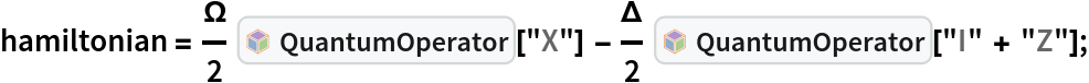 hamiltonian = \[CapitalOmega]/
    2 InterpretationBox[FrameBox[TagBox[TooltipBox[PaneBox[GridBox[List[List[GraphicsBox[List[Thickness[0.0025`], List[FaceForm[List[RGBColor[0.9607843137254902`, 0.5058823529411764`, 0.19607843137254902`], Opacity[1.`]]], FilledCurveBox[List[List[List[0, 2, 0], List[0, 1, 0], List[0, 1, 0], List[0, 1, 0], List[0, 1, 0]], List[List[0, 2, 0], List[0, 1, 0], List[0, 1, 0], List[0, 1, 0], List[0, 1, 0]], List[List[0, 2, 0], List[0, 1, 0], List[0, 1, 0], List[0, 1, 0], List[0, 1, 0], List[0, 1, 0]], List[List[0, 2, 0], List[1, 3, 3], List[0, 1, 0], List[1, 3, 3], List[0, 1, 0], List[1, 3, 3], List[0, 1, 0], List[1, 3, 3], List[1, 3, 3], List[0, 1, 0], List[1, 3, 3], List[0, 1, 0], List[1, 3, 3]]], List[List[List[205.`, 22.863691329956055`], List[205.`, 212.31669425964355`], List[246.01799774169922`, 235.99870109558105`], List[369.0710144042969`, 307.0436840057373`], List[369.0710144042969`, 117.59068870544434`], List[205.`, 22.863691329956055`]], List[List[30.928985595703125`, 307.0436840057373`], List[153.98200225830078`, 235.99870109558105`], List[195.`, 212.31669425964355`], List[195.`, 22.863691329956055`], List[30.928985595703125`, 117.59068870544434`], List[30.928985595703125`, 307.0436840057373`]], List[List[200.`, 410.42970085144043`], List[364.0710144042969`, 315.7036876678467`], List[241.01799774169922`, 244.65868949890137`], List[200.`, 220.97669792175293`], List[158.98200225830078`, 244.65868949890137`], List[35.928985595703125`, 315.7036876678467`], List[200.`, 410.42970085144043`]], List[List[376.5710144042969`, 320.03370475769043`], List[202.5`, 420.53370475769043`], List[200.95300006866455`, 421.42667961120605`], List[199.04699993133545`, 421.42667961120605`], List[197.5`, 420.53370475769043`], List[23.428985595703125`, 320.03370475769043`], List[21.882003784179688`, 319.1406993865967`], List[20.928985595703125`, 317.4896984100342`], List[20.928985595703125`, 315.7036876678467`], List[20.928985595703125`, 114.70369529724121`], List[20.928985595703125`, 112.91769218444824`], List[21.882003784179688`, 111.26669120788574`], List[23.428985595703125`, 110.37369346618652`], List[197.5`, 9.87369155883789`], List[198.27300024032593`, 9.426692008972168`], List[199.13700008392334`, 9.203690528869629`], List[200.`, 9.203690528869629`], List[200.86299991607666`, 9.203690528869629`], List[201.72699999809265`, 9.426692008972168`], List[202.5`, 9.87369155883789`], List[376.5710144042969`, 110.37369346618652`], List[378.1179962158203`, 111.26669120788574`], List[379.0710144042969`, 112.91769218444824`], List[379.0710144042969`, 114.70369529724121`], List[379.0710144042969`, 315.7036876678467`], List[379.0710144042969`, 317.4896984100342`], List[378.1179962158203`, 319.1406993865967`], List[376.5710144042969`, 320.03370475769043`]]]]], List[FaceForm[List[RGBColor[0.5529411764705883`, 0.6745098039215687`, 0.8117647058823529`], Opacity[1.`]]], FilledCurveBox[List[List[List[0, 2, 0], List[0, 1, 0], List[0, 1, 0], List[0, 1, 0]]], List[List[List[44.92900085449219`, 282.59088134765625`], List[181.00001525878906`, 204.0298843383789`], List[181.00001525878906`, 46.90887451171875`], List[44.92900085449219`, 125.46986389160156`], List[44.92900085449219`, 282.59088134765625`]]]]], List[FaceForm[List[RGBColor[0.6627450980392157`, 0.803921568627451`, 0.5686274509803921`], Opacity[1.`]]], FilledCurveBox[List[List[List[0, 2, 0], List[0, 1, 0], List[0, 1, 0], List[0, 1, 0]]], List[List[List[355.0710144042969`, 282.59088134765625`], List[355.0710144042969`, 125.46986389160156`], List[219.`, 46.90887451171875`], List[219.`, 204.0298843383789`], List[355.0710144042969`, 282.59088134765625`]]]]], List[FaceForm[List[RGBColor[0.6901960784313725`, 0.5882352941176471`, 0.8117647058823529`], Opacity[1.`]]], FilledCurveBox[List[List[List[0, 2, 0], List[0, 1, 0], List[0, 1, 0], List[0, 1, 0]]], List[List[List[200.`, 394.0606994628906`], List[336.0710144042969`, 315.4997024536133`], List[200.`, 236.93968200683594`], List[63.928985595703125`, 315.4997024536133`], List[200.`, 394.0606994628906`]]]]]], List[Rule[BaselinePosition, Scaled[0.15`]], Rule[ImageSize, 10], Rule[ImageSize, 15]]], StyleBox[RowBox[List["QuantumOperator", " "]], Rule[ShowAutoStyles, False], Rule[ShowStringCharacters, False], Rule[FontSize, Times[0.9`, Inherited]], Rule[FontColor, GrayLevel[0.1`]]]]], Rule[GridBoxSpacings, List[Rule["Columns", List[List[0.25`]]]]]], Rule[Alignment, List[Left, Baseline]], Rule[BaselinePosition, Baseline], Rule[FrameMargins, List[List[3, 0], List[0, 0]]], Rule[BaseStyle, List[Rule[LineSpacing, List[0, 0]], Rule[LineBreakWithin, False]]]], RowBox[List["PacletSymbol", "[", RowBox[List["\"Wolfram/QuantumFramework\"", ",", "\"Wolfram`QuantumFramework`QuantumOperator\""]], "]"]], Rule[TooltipStyle, List[Rule[ShowAutoStyles, True], Rule[ShowStringCharacters, True]]]], Function[Annotation[Slot[1], Style[Defer[PacletSymbol["Wolfram/QuantumFramework", "Wolfram`QuantumFramework`QuantumOperator"]], Rule[ShowStringCharacters, True]], "Tooltip"]]], Rule[Background, RGBColor[0.968`, 0.976`, 0.984`]], Rule[BaselinePosition, Baseline], Rule[DefaultBaseStyle, List[]], Rule[FrameMargins, List[List[0, 0], List[1, 1]]], Rule[FrameStyle, RGBColor[0.831`, 0.847`, 0.85`]], Rule[RoundingRadius, 4]], PacletSymbol["Wolfram/QuantumFramework", "Wolfram`QuantumFramework`QuantumOperator"], Rule[Selectable, False], Rule[SelectWithContents, True], Rule[BoxID, "PacletSymbolBox"]]["X"] - \[CapitalDelta]/
    2 InterpretationBox[FrameBox[TagBox[TooltipBox[PaneBox[GridBox[List[List[GraphicsBox[List[Thickness[0.0025`], List[FaceForm[List[RGBColor[0.9607843137254902`, 0.5058823529411764`, 0.19607843137254902`], Opacity[1.`]]], FilledCurveBox[List[List[List[0, 2, 0], List[0, 1, 0], List[0, 1, 0], List[0, 1, 0], List[0, 1, 0]], List[List[0, 2, 0], List[0, 1, 0], List[0, 1, 0], List[0, 1, 0], List[0, 1, 0]], List[List[0, 2, 0], List[0, 1, 0], List[0, 1, 0], List[0, 1, 0], List[0, 1, 0], List[0, 1, 0]], List[List[0, 2, 0], List[1, 3, 3], List[0, 1, 0], List[1, 3, 3], List[0, 1, 0], List[1, 3, 3], List[0, 1, 0], List[1, 3, 3], List[1, 3, 3], List[0, 1, 0], List[1, 3, 3], List[0, 1, 0], List[1, 3, 3]]], List[List[List[205.`, 22.863691329956055`], List[205.`, 212.31669425964355`], List[246.01799774169922`, 235.99870109558105`], List[369.0710144042969`, 307.0436840057373`], List[369.0710144042969`, 117.59068870544434`], List[205.`, 22.863691329956055`]], List[List[30.928985595703125`, 307.0436840057373`], List[153.98200225830078`, 235.99870109558105`], List[195.`, 212.31669425964355`], List[195.`, 22.863691329956055`], List[30.928985595703125`, 117.59068870544434`], List[30.928985595703125`, 307.0436840057373`]], List[List[200.`, 410.42970085144043`], List[364.0710144042969`, 315.7036876678467`], List[241.01799774169922`, 244.65868949890137`], List[200.`, 220.97669792175293`], List[158.98200225830078`, 244.65868949890137`], List[35.928985595703125`, 315.7036876678467`], List[200.`, 410.42970085144043`]], List[List[376.5710144042969`, 320.03370475769043`], List[202.5`, 420.53370475769043`], List[200.95300006866455`, 421.42667961120605`], List[199.04699993133545`, 421.42667961120605`], List[197.5`, 420.53370475769043`], List[23.428985595703125`, 320.03370475769043`], List[21.882003784179688`, 319.1406993865967`], List[20.928985595703125`, 317.4896984100342`], List[20.928985595703125`, 315.7036876678467`], List[20.928985595703125`, 114.70369529724121`], List[20.928985595703125`, 112.91769218444824`], List[21.882003784179688`, 111.26669120788574`], List[23.428985595703125`, 110.37369346618652`], List[197.5`, 9.87369155883789`], List[198.27300024032593`, 9.426692008972168`], List[199.13700008392334`, 9.203690528869629`], List[200.`, 9.203690528869629`], List[200.86299991607666`, 9.203690528869629`], List[201.72699999809265`, 9.426692008972168`], List[202.5`, 9.87369155883789`], List[376.5710144042969`, 110.37369346618652`], List[378.1179962158203`, 111.26669120788574`], List[379.0710144042969`, 112.91769218444824`], List[379.0710144042969`, 114.70369529724121`], List[379.0710144042969`, 315.7036876678467`], List[379.0710144042969`, 317.4896984100342`], List[378.1179962158203`, 319.1406993865967`], List[376.5710144042969`, 320.03370475769043`]]]]], List[FaceForm[List[RGBColor[0.5529411764705883`, 0.6745098039215687`, 0.8117647058823529`], Opacity[1.`]]], FilledCurveBox[List[List[List[0, 2, 0], List[0, 1, 0], List[0, 1, 0], List[0, 1, 0]]], List[List[List[44.92900085449219`, 282.59088134765625`], List[181.00001525878906`, 204.0298843383789`], List[181.00001525878906`, 46.90887451171875`], List[44.92900085449219`, 125.46986389160156`], List[44.92900085449219`, 282.59088134765625`]]]]], List[FaceForm[List[RGBColor[0.6627450980392157`, 0.803921568627451`, 0.5686274509803921`], Opacity[1.`]]], FilledCurveBox[List[List[List[0, 2, 0], List[0, 1, 0], List[0, 1, 0], List[0, 1, 0]]], List[List[List[355.0710144042969`, 282.59088134765625`], List[355.0710144042969`, 125.46986389160156`], List[219.`, 46.90887451171875`], List[219.`, 204.0298843383789`], List[355.0710144042969`, 282.59088134765625`]]]]], List[FaceForm[List[RGBColor[0.6901960784313725`, 0.5882352941176471`, 0.8117647058823529`], Opacity[1.`]]], FilledCurveBox[List[List[List[0, 2, 0], List[0, 1, 0], List[0, 1, 0], List[0, 1, 0]]], List[List[List[200.`, 394.0606994628906`], List[336.0710144042969`, 315.4997024536133`], List[200.`, 236.93968200683594`], List[63.928985595703125`, 315.4997024536133`], List[200.`, 394.0606994628906`]]]]]], List[Rule[BaselinePosition, Scaled[0.15`]], Rule[ImageSize, 10], Rule[ImageSize, 15]]], StyleBox[RowBox[List["QuantumOperator", " "]], Rule[ShowAutoStyles, False], Rule[ShowStringCharacters, False], Rule[FontSize, Times[0.9`, Inherited]], Rule[FontColor, GrayLevel[0.1`]]]]], Rule[GridBoxSpacings, List[Rule["Columns", List[List[0.25`]]]]]], Rule[Alignment, List[Left, Baseline]], Rule[BaselinePosition, Baseline], Rule[FrameMargins, List[List[3, 0], List[0, 0]]], Rule[BaseStyle, List[Rule[LineSpacing, List[0, 0]], Rule[LineBreakWithin, False]]]], RowBox[List["PacletSymbol", "[", RowBox[List["\"Wolfram/QuantumFramework\"", ",", "\"Wolfram`QuantumFramework`QuantumOperator\""]], "]"]], Rule[TooltipStyle, List[Rule[ShowAutoStyles, True], Rule[ShowStringCharacters, True]]]], Function[Annotation[Slot[1], Style[Defer[PacletSymbol["Wolfram/QuantumFramework", "Wolfram`QuantumFramework`QuantumOperator"]], Rule[ShowStringCharacters, True]], "Tooltip"]]], Rule[Background, RGBColor[0.968`, 0.976`, 0.984`]], Rule[BaselinePosition, Baseline], Rule[DefaultBaseStyle, List[]], Rule[FrameMargins, List[List[0, 0], List[1, 1]]], Rule[FrameStyle, RGBColor[0.831`, 0.847`, 0.85`]], Rule[RoundingRadius, 4]], PacletSymbol["Wolfram/QuantumFramework", "Wolfram`QuantumFramework`QuantumOperator"], Rule[Selectable, False], Rule[SelectWithContents, True], Rule[BoxID, "PacletSymbolBox"]]["I" + "Z"];