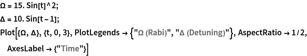 \[CapitalOmega] = 15. Sin[t]^2;
\[CapitalDelta] = 10. Sin[t - 1];
Plot[{\[CapitalOmega], \[CapitalDelta]}, {t, 0, 3}, PlotLegends -> {"\[CapitalOmega] (Rabi)", "\[CapitalDelta] (Detuning)"},
  AspectRatio -> 1/2, AxesLabel -> {"Time"}]