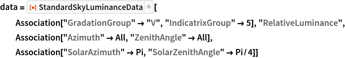 data = ResourceFunction["StandardSkyLuminanceData"][
  Association["GradationGroup" -> "V", "IndicatrixGroup" -> 5], "RelativeLuminance", Association["Azimuth" -> All, "ZenithAngle" -> All], Association["SolarAzimuth" -> Pi, "SolarZenithAngle" -> Pi/4]]