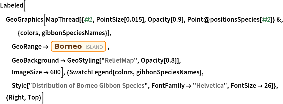 Labeled[GeoGraphics[
  MapThread[{#1, PointSize[0.015], Opacity[0.9], Point@positionsSpecies[#2]} &, {colors, gibbonSpeciesNames}],
  GeoRange -> Entity["Island", "Borneo"],
  GeoBackground -> GeoStyling["ReliefMap", Opacity[0.8]],
  ImageSize -> 600], {SwatchLegend[colors, gibbonSpeciesNames], Style["Distribution of Borneo Gibbon Species", FontFamily -> "Helvetica", FontSize -> 26]}, {Right, Top}]