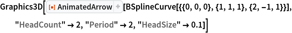 Graphics3D[
 ResourceFunction["AnimatedArrow"][
  BSplineCurve[{{0, 0, 0}, {1, 1, 1}, {2, -1, 1}}], "HeadCount" -> 2, "Period" -> 2, "HeadSize" -> 0.1]]