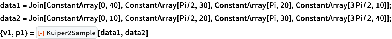 data1 = Join[ConstantArray[0, 40], ConstantArray[Pi/2, 30], ConstantArray[Pi, 20], ConstantArray[3 Pi/2, 10]];
data2 = Join[ConstantArray[0, 10], ConstantArray[Pi/2, 20], ConstantArray[Pi, 30], ConstantArray[3 Pi/2, 40]];
{v1, p1} = ResourceFunction["Kuiper2Sample"][data1, data2]