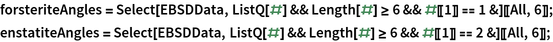 forsteriteAngles = Select[EBSDData, ListQ[#] && Length[#] >= 6 && #[[1]] == 1 &][[All, 6]];
enstatiteAngles = Select[EBSDData, ListQ[#] && Length[#] >= 6 && #[[1]] == 2 &][[All, 6]];