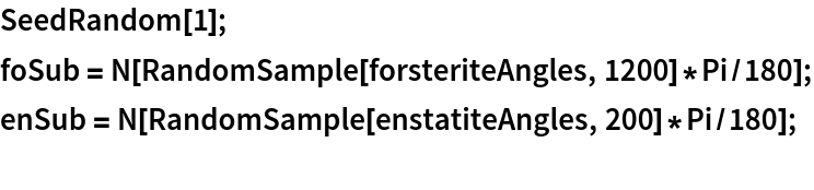SeedRandom[1];
foSub = N[RandomSample[forsteriteAngles, 1200]*Pi/180];
enSub = N[RandomSample[enstatiteAngles, 200]*Pi/180];
