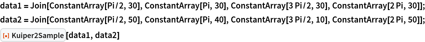 data1 = Join[ConstantArray[Pi/2, 30], ConstantArray[Pi, 30], ConstantArray[3 Pi/2, 30], ConstantArray[2 Pi, 30]];
data2 = Join[ConstantArray[Pi/2, 50], ConstantArray[Pi, 40], ConstantArray[3 Pi/2, 10], ConstantArray[2 Pi, 50]];
ResourceFunction["Kuiper2Sample"][data1, data2]