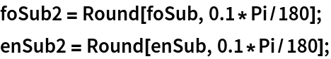 foSub2 = Round[foSub, 0.1*Pi/180];
enSub2 = Round[enSub, 0.1*Pi/180];