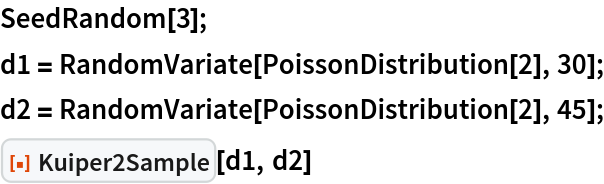 SeedRandom[3];
d1 = RandomVariate[PoissonDistribution[2], 30];
d2 = RandomVariate[PoissonDistribution[2], 45];
ResourceFunction["Kuiper2Sample"][d1, d2]