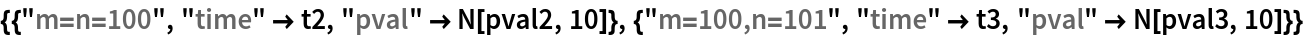 {{"m=n=100", "time" -> t2, "pval" -> N[pval2, 10]}, {"m=100,n=101", "time" -> t3, "pval" -> N[pval3, 10]}}