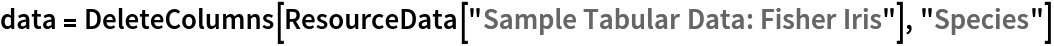 data = DeleteColumns[ResourceData["Sample Tabular Data: Fisher Iris"],
   "Species"]