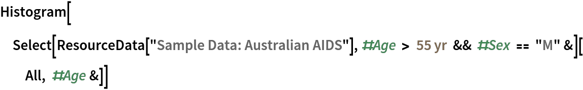 Histogram[
 Select[ResourceData[
    "Sample Data: Australian AIDS"], #Age > Quantity[55, "Years"] && #Sex == "M" &][All, #Age &]]