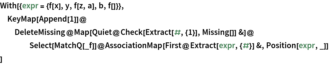 With[{expr = {f[x], y, f[z, a], b, f[]}},
 KeyMap[Append[1]]@
  DeleteMissing@
   Map[Quiet@Check[Extract[#, {1}], Missing[]] &]@
    Select[MatchQ[_f]]@
     AssociationMap[First@Extract[expr, {#}] &, Position[expr, _]]
 ]