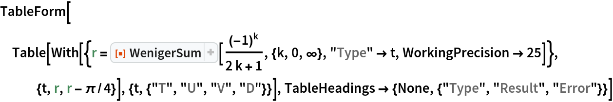 TableForm[
 Table[With[{r = ResourceFunction["WenigerSum"][(-1)^k/(
      2 k + 1), {k, 0, \[Infinity]}, "Type" -> t, WorkingPrecision -> 25]}, {t, r, r - \[Pi]/4}], {t, {"T", "U", "V", "D"}}], TableHeadings -> {None, {"Type", "Result", "Error"}}]