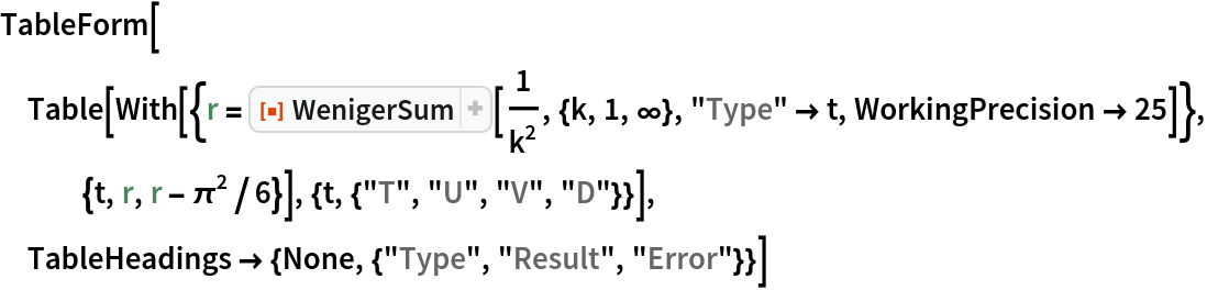 TableForm[
 Table[With[{r = ResourceFunction["WenigerSum"][1/k^2, {k, 1, \[Infinity]}, "Type" -> t, WorkingPrecision -> 25]}, {t, r, r - \[Pi]^2/6}], {t, {"T", "U", "V", "D"}}], TableHeadings -> {None, {"Type", "Result", "Error"}}]
