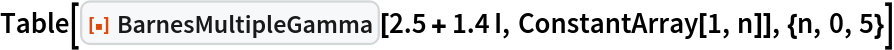 Table[ResourceFunction["BarnesMultipleGamma"][2.5 + 1.4 I, ConstantArray[1, n]], {n, 0, 5}]