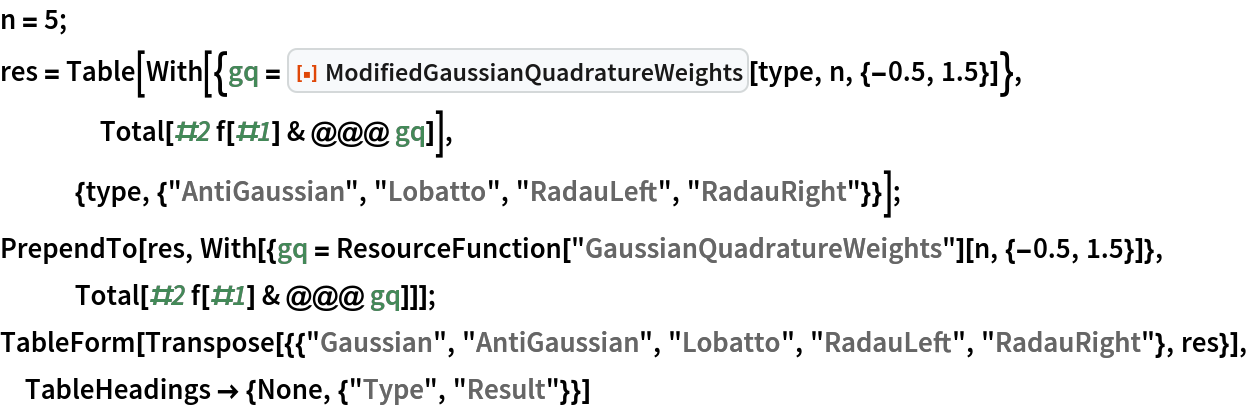 n = 5;
res = Table[
   With[{gq = ResourceFunction["ModifiedGaussianQuadratureWeights"][type, n, {-0.5, 1.5}]}, Total[#2 f[#1] & @@@ gq]], {type, {"AntiGaussian", "Lobatto", "RadauLeft", "RadauRight"}}];
PrependTo[res, With[{gq = ResourceFunction["GaussianQuadratureWeights"][n, {-0.5, 1.5}]}, Total[#2 f[#1] & @@@ gq]]];
TableForm[
 Transpose[{{"Gaussian", "AntiGaussian", "Lobatto", "RadauLeft", "RadauRight"}, res}], TableHeadings -> {None, {"Type", "Result"}}]