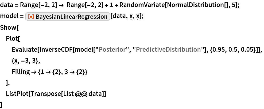 data = Range[-2, 2] -> Range[-2, 2] + 1 + RandomVariate[NormalDistribution[], 5];
model = ResourceFunction["BayesianLinearRegression"][
   data, \[FormalX], \[FormalX]];
Show[
 Plot[
  Evaluate[
   InverseCDF[
    model["Posterior", "PredictiveDistribution"], {0.95, 0.5, 0.05}]],
  {\[FormalX], -3, 3},
  Filling -> {1 -> {2}, 3 -> {2}}
  ],
 ListPlot[Transpose[List @@ data]]
 ]