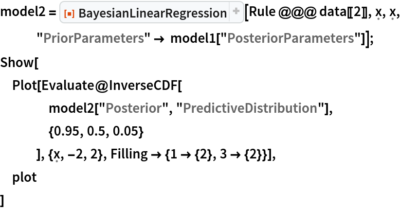 model2 = ResourceFunction["BayesianLinearRegression"][
   Rule @@@ data[[2]], \[FormalX], \[FormalX], "PriorParameters" -> model1["PosteriorParameters"]];
Show[
 Plot[Evaluate@InverseCDF[
    model2["Posterior", "PredictiveDistribution"],
    {0.95, 0.5, 0.05}
    ], {\[FormalX], -2, 2}, Filling -> {1 -> {2}, 3 -> {2}}],
 plot
 ]