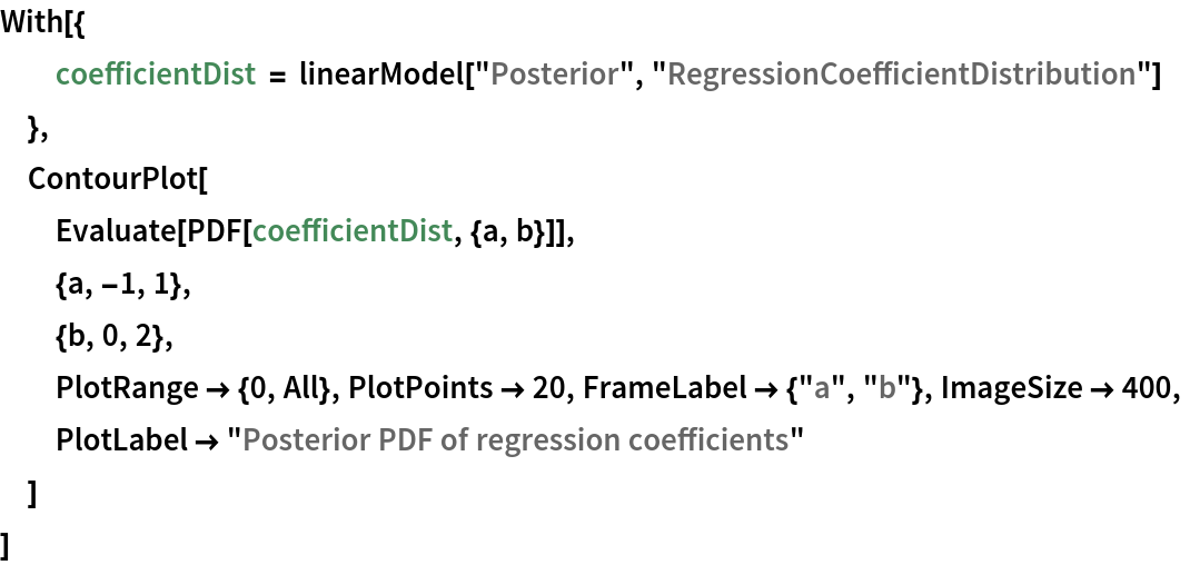 With[{
  coefficientDist = linearModel["Posterior", "RegressionCoefficientDistribution"]
  },
 ContourPlot[
  Evaluate[PDF[coefficientDist, {a, b}]],
  {a, -1, 1},
  {b, 0, 2},
  PlotRange -> {0, All}, PlotPoints -> 20, FrameLabel -> {"a", "b"}, ImageSize -> 400,
  PlotLabel -> "Posterior PDF of regression coefficients"
  ]
 ]