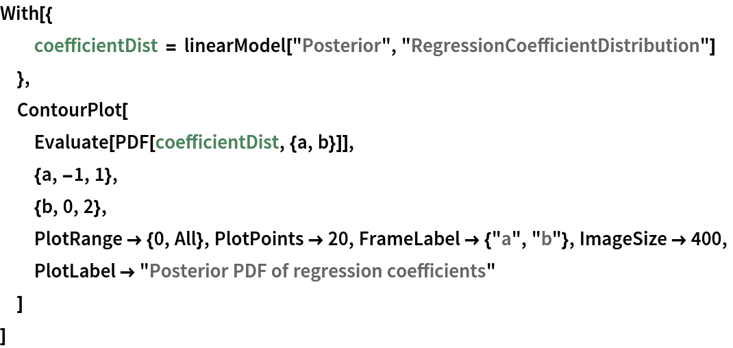 With[{
  coefficientDist = linearModel["Posterior", "RegressionCoefficientDistribution"]
  },
 ContourPlot[
  Evaluate[PDF[coefficientDist, {a, b}]],
  {a, -1, 1},
  {b, 0, 2},
  PlotRange -> {0, All}, PlotPoints -> 20, FrameLabel -> {"a", "b"}, ImageSize -> 400,
  PlotLabel -> "Posterior PDF of regression coefficients"
  ]
 ]