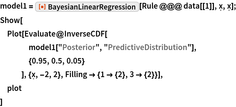 model1 = ResourceFunction["BayesianLinearRegression"][
   Rule @@@ data[[1]], \[FormalX], \[FormalX]];
Show[
 Plot[Evaluate@InverseCDF[
    model1["Posterior", "PredictiveDistribution"],
    {0.95, 0.5, 0.05}
    ], {\[FormalX], -2, 2}, Filling -> {1 -> {2}, 3 -> {2}}],
 plot
 ]