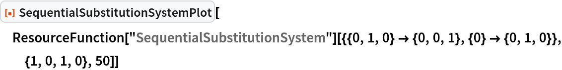 ResourceFunction["SequentialSubstitutionSystemPlot"][
 ResourceFunction[
   "SequentialSubstitutionSystem"][{{0, 1, 0} -> {0, 0, 1}, {0} -> {0,
      1, 0}}, {1, 0, 1, 0}, 50]]