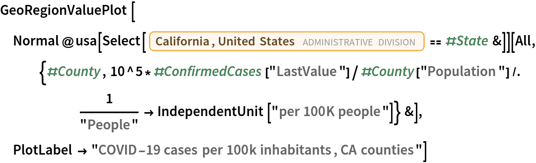 GeoRegionValuePlot[
 Normal@usa[
    Select[Entity[
        "AdministrativeDivision", {"California", "UnitedStates"}] == #State &]][
   All, {#County, 10^5*#ConfirmedCases["LastValue"]/#County["Population"] /. 1/("People") -> IndependentUnit["per 100K people"]} &], PlotLabel -> "COVID-19 cases per 100k inhabitants, CA counties"]