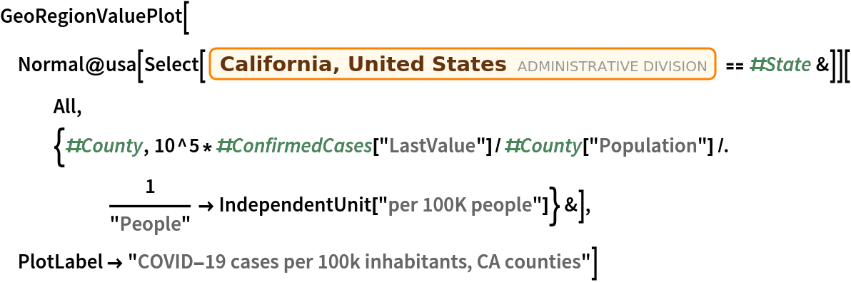 GeoRegionValuePlot[
 Normal@usa[
    Select[Entity[
        "AdministrativeDivision", {"California", "UnitedStates"}] == #State &]][
   All, {#County, 10^5*#ConfirmedCases["LastValue"]/#County["Population"] /. 1/("People") -> IndependentUnit["per 100K people"]} &], PlotLabel -> "COVID-19 cases per 100k inhabitants, CA counties"]