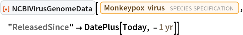 ResourceFunction["NCBIVirusGenomeData"][
 Entity["TaxonomicSpecies", "MonkeypoxVirus::9y6ry"], "ReleasedSince" -> DatePlus[Today, -Quantity[1, "Years"]]]
