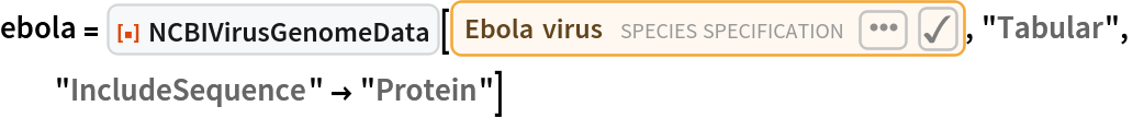 ebola = ResourceFunction["NCBIVirusGenomeData"][
  Entity["TaxonomicSpecies", "EbolaVirus::5q9c8"], "Tabular", "IncludeSequence" -> "Protein"]