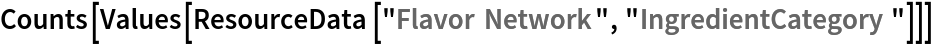 Counts[Values[ResourceData[\!\(\*
TagBox["\"\<Flavor Network\>\"",
#& ,
BoxID -> "ResourceTag-Flavor Network-Input",
AutoDelete->True]\), "IngredientCategory"]]]