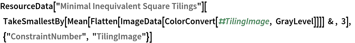 ResourceData[\!\(\*
TagBox["\"\<Minimal Inequivalent Square Tilings\>\"",
#& ,
BoxID -> "ResourceTag-Minimal Inequivalent Square Tilings-Input",
AutoDelete->True]\)][
   TakeSmallestBy[
  Mean[Flatten[ImageData[ColorConvert[#TilingImage, GrayLevel]]]] & , 3], {"ConstraintNumber", "TilingImage"}]