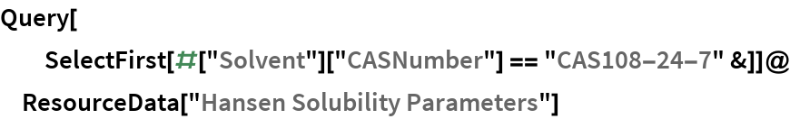 Query[
  SelectFirst[#["Solvent"]["CASNumber"] == "CAS108-24-7" &]]@
 ResourceData["Hansen Solubility Parameters"]