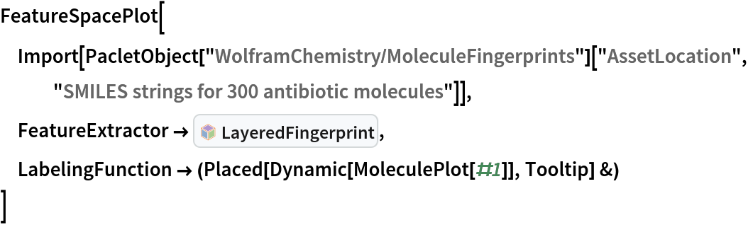 FeatureSpacePlot[
 Import[PacletObject["WolframChemistry/MoleculeFingerprints"][
   "AssetLocation", "SMILES strings for 300 antibiotic molecules"]],
 FeatureExtractor -> InterpretationBox[FrameBox[TagBox[TooltipBox[PaneBox[GridBox[List[List[GraphicsBox[List[Thickness[0.0025`], List[FaceForm[List[RGBColor[0.9607843137254902`, 0.5058823529411764`, 0.19607843137254902`], Opacity[1.`]]], FilledCurveBox[List[List[List[0, 2, 0], List[0, 1, 0], List[0, 1, 0], List[0, 1, 0], List[0, 1, 0]], List[List[0, 2, 0], List[0, 1, 0], List[0, 1, 0], List[0, 1, 0], List[0, 1, 0]], List[List[0, 2, 0], List[0, 1, 0], List[0, 1, 0], List[0, 1, 0], List[0, 1, 0], List[0, 1, 0]], List[List[0, 2, 0], List[1, 3, 3], List[0, 1, 0], List[1, 3, 3], List[0, 1, 0], List[1, 3, 3], List[0, 1, 0], List[1, 3, 3], List[1, 3, 3], List[0, 1, 0], List[1, 3, 3], List[0, 1, 0], List[1, 3, 3]]], List[List[List[205.`, 22.863691329956055`], List[205.`, 212.31669425964355`], List[246.01799774169922`, 235.99870109558105`], List[369.0710144042969`, 307.0436840057373`], List[369.0710144042969`, 117.59068870544434`], List[205.`, 22.863691329956055`]], List[List[30.928985595703125`, 307.0436840057373`], List[153.98200225830078`, 235.99870109558105`], List[195.`, 212.31669425964355`], List[195.`, 22.863691329956055`], List[30.928985595703125`, 117.59068870544434`], List[30.928985595703125`, 307.0436840057373`]], List[List[200.`, 410.42970085144043`], List[364.0710144042969`, 315.7036876678467`], List[241.01799774169922`, 244.65868949890137`], List[200.`, 220.97669792175293`], List[158.98200225830078`, 244.65868949890137`], List[35.928985595703125`, 315.7036876678467`], List[200.`, 410.42970085144043`]], List[List[376.5710144042969`, 320.03370475769043`], List[202.5`, 420.53370475769043`], List[200.95300006866455`, 421.42667961120605`], List[199.04699993133545`, 421.42667961120605`], List[197.5`, 420.53370475769043`], List[23.428985595703125`, 320.03370475769043`], List[21.882003784179688`, 319.1406993865967`], List[20.928985595703125`, 317.4896984100342`], List[20.928985595703125`, 315.7036876678467`], List[20.928985595703125`, 114.70369529724121`], List[20.928985595703125`, 112.91769218444824`], List[21.882003784179688`, 111.26669120788574`], List[23.428985595703125`, 110.37369346618652`], List[197.5`, 9.87369155883789`], List[198.27300024032593`, 9.426692008972168`], List[199.13700008392334`, 9.203690528869629`], List[200.`, 9.203690528869629`], List[200.86299991607666`, 9.203690528869629`], List[201.72699999809265`, 9.426692008972168`], List[202.5`, 9.87369155883789`], List[376.5710144042969`, 110.37369346618652`], List[378.1179962158203`, 111.26669120788574`], List[379.0710144042969`, 112.91769218444824`], List[379.0710144042969`, 114.70369529724121`], List[379.0710144042969`, 315.7036876678467`], List[379.0710144042969`, 317.4896984100342`], List[378.1179962158203`, 319.1406993865967`], List[376.5710144042969`, 320.03370475769043`]]]]], List[FaceForm[List[RGBColor[0.5529411764705883`, 0.6745098039215687`, 0.8117647058823529`], Opacity[1.`]]], FilledCurveBox[List[List[List[0, 2, 0], List[0, 1, 0], List[0, 1, 0], List[0, 1, 0]]], List[List[List[44.92900085449219`, 282.59088134765625`], List[181.00001525878906`, 204.0298843383789`], List[181.00001525878906`, 46.90887451171875`], List[44.92900085449219`, 125.46986389160156`], List[44.92900085449219`, 282.59088134765625`]]]]], List[FaceForm[List[RGBColor[0.6627450980392157`, 0.803921568627451`, 0.5686274509803921`], Opacity[1.`]]], FilledCurveBox[List[List[List[0, 2, 0], List[0, 1, 0], List[0, 1, 0], List[0, 1, 0]]], List[List[List[355.0710144042969`, 282.59088134765625`], List[355.0710144042969`, 125.46986389160156`], List[219.`, 46.90887451171875`], List[219.`, 204.0298843383789`], List[355.0710144042969`, 282.59088134765625`]]]]], List[FaceForm[List[RGBColor[0.6901960784313725`, 0.5882352941176471`, 0.8117647058823529`], Opacity[1.`]]], FilledCurveBox[List[List[List[0, 2, 0], List[0, 1, 0], List[0, 1, 0], List[0, 1, 0]]], List[List[List[200.`, 394.0606994628906`], List[336.0710144042969`, 315.4997024536133`], List[200.`, 236.93968200683594`], List[63.928985595703125`, 315.4997024536133`], List[200.`, 394.0606994628906`]]]]]], List[Rule[BaselinePosition, Scaled[0.15`]], Rule[ImageSize, 10], Rule[ImageSize, 15]]], StyleBox[RowBox[List["LayeredFingerprint", " "]], Rule[ShowAutoStyles, False], Rule[ShowStringCharacters, False], Rule[FontSize, Times[0.9`, Inherited]], Rule[FontColor, GrayLevel[0.1`]]]]], Rule[GridBoxSpacings, List[Rule["Columns", List[List[0.25`]]]]]], Rule[Alignment, List[Left, Baseline]], Rule[BaselinePosition, Baseline], Rule[FrameMargins, List[List[3, 0], List[0, 0]]], Rule[BaseStyle, List[Rule[LineSpacing, List[0, 0]], Rule[LineBreakWithin, False]]]], RowBox[List["PacletSymbol", "[", RowBox[List["\"WolframChemistry/MoleculeFingerprints\"", ",", "\"LayeredFingerprint\""]], "]"]], Rule[TooltipStyle, List[Rule[ShowAutoStyles, True], Rule[ShowStringCharacters, True]]]], Function[Annotation[Slot[1], Style[Defer[PacletSymbol["WolframChemistry/MoleculeFingerprints", "LayeredFingerprint"]], Rule[ShowStringCharacters, True]], "Tooltip"]]], Rule[Background, RGBColor[0.968`, 0.976`, 0.984`]], Rule[BaselinePosition, Baseline], Rule[DefaultBaseStyle, List[]], Rule[FrameMargins, List[List[0, 0], List[1, 1]]], Rule[FrameStyle, RGBColor[0.831`, 0.847`, 0.85`]], Rule[RoundingRadius, 4]], PacletSymbol["WolframChemistry/MoleculeFingerprints", "LayeredFingerprint"], Rule[Selectable, False], Rule[SelectWithContents, True], Rule[BoxID, "PacletSymbolBox"]],
 LabelingFunction -> (Placed[Dynamic[MoleculePlot[#1]], Tooltip] &)
 ]