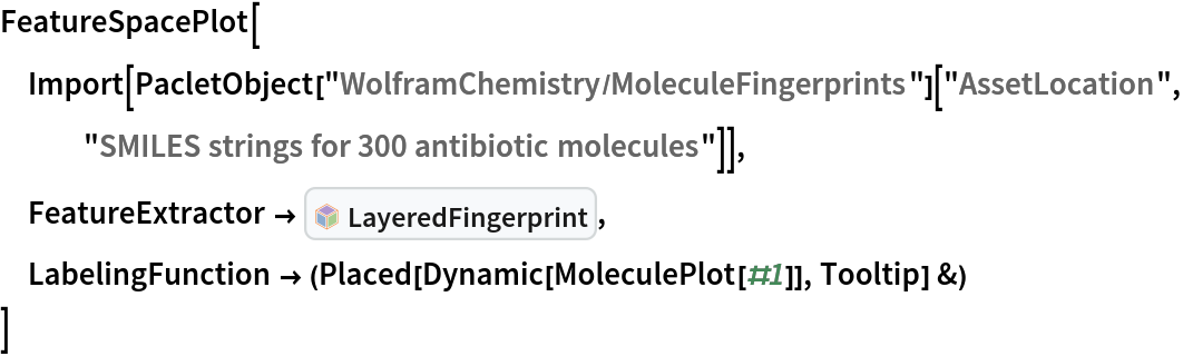 FeatureSpacePlot[
 Import[PacletObject["WolframChemistry/MoleculeFingerprints"][
   "AssetLocation", "SMILES strings for 300 antibiotic molecules"]],
 FeatureExtractor -> InterpretationBox[FrameBox[TagBox[TooltipBox[PaneBox[GridBox[List[List[GraphicsBox[List[Thickness[0.0025`], List[FaceForm[List[RGBColor[0.9607843137254902`, 0.5058823529411764`, 0.19607843137254902`], Opacity[1.`]]], FilledCurveBox[List[List[List[0, 2, 0], List[0, 1, 0], List[0, 1, 0], List[0, 1, 0], List[0, 1, 0]], List[List[0, 2, 0], List[0, 1, 0], List[0, 1, 0], List[0, 1, 0], List[0, 1, 0]], List[List[0, 2, 0], List[0, 1, 0], List[0, 1, 0], List[0, 1, 0], List[0, 1, 0], List[0, 1, 0]], List[List[0, 2, 0], List[1, 3, 3], List[0, 1, 0], List[1, 3, 3], List[0, 1, 0], List[1, 3, 3], List[0, 1, 0], List[1, 3, 3], List[1, 3, 3], List[0, 1, 0], List[1, 3, 3], List[0, 1, 0], List[1, 3, 3]]], List[List[List[205.`, 22.863691329956055`], List[205.`, 212.31669425964355`], List[246.01799774169922`, 235.99870109558105`], List[369.0710144042969`, 307.0436840057373`], List[369.0710144042969`, 117.59068870544434`], List[205.`, 22.863691329956055`]], List[List[30.928985595703125`, 307.0436840057373`], List[153.98200225830078`, 235.99870109558105`], List[195.`, 212.31669425964355`], List[195.`, 22.863691329956055`], List[30.928985595703125`, 117.59068870544434`], List[30.928985595703125`, 307.0436840057373`]], List[List[200.`, 410.42970085144043`], List[364.0710144042969`, 315.7036876678467`], List[241.01799774169922`, 244.65868949890137`], List[200.`, 220.97669792175293`], List[158.98200225830078`, 244.65868949890137`], List[35.928985595703125`, 315.7036876678467`], List[200.`, 410.42970085144043`]], List[List[376.5710144042969`, 320.03370475769043`], List[202.5`, 420.53370475769043`], List[200.95300006866455`, 421.42667961120605`], List[199.04699993133545`, 421.42667961120605`], List[197.5`, 420.53370475769043`], List[23.428985595703125`, 320.03370475769043`], List[21.882003784179688`, 319.1406993865967`], List[20.928985595703125`, 317.4896984100342`], List[20.928985595703125`, 315.7036876678467`], List[20.928985595703125`, 114.70369529724121`], List[20.928985595703125`, 112.91769218444824`], List[21.882003784179688`, 111.26669120788574`], List[23.428985595703125`, 110.37369346618652`], List[197.5`, 9.87369155883789`], List[198.27300024032593`, 9.426692008972168`], List[199.13700008392334`, 9.203690528869629`], List[200.`, 9.203690528869629`], List[200.86299991607666`, 9.203690528869629`], List[201.72699999809265`, 9.426692008972168`], List[202.5`, 9.87369155883789`], List[376.5710144042969`, 110.37369346618652`], List[378.1179962158203`, 111.26669120788574`], List[379.0710144042969`, 112.91769218444824`], List[379.0710144042969`, 114.70369529724121`], List[379.0710144042969`, 315.7036876678467`], List[379.0710144042969`, 317.4896984100342`], List[378.1179962158203`, 319.1406993865967`], List[376.5710144042969`, 320.03370475769043`]]]]], List[FaceForm[List[RGBColor[0.5529411764705883`, 0.6745098039215687`, 0.8117647058823529`], Opacity[1.`]]], FilledCurveBox[List[List[List[0, 2, 0], List[0, 1, 0], List[0, 1, 0], List[0, 1, 0]]], List[List[List[44.92900085449219`, 282.59088134765625`], List[181.00001525878906`, 204.0298843383789`], List[181.00001525878906`, 46.90887451171875`], List[44.92900085449219`, 125.46986389160156`], List[44.92900085449219`, 282.59088134765625`]]]]], List[FaceForm[List[RGBColor[0.6627450980392157`, 0.803921568627451`, 0.5686274509803921`], Opacity[1.`]]], FilledCurveBox[List[List[List[0, 2, 0], List[0, 1, 0], List[0, 1, 0], List[0, 1, 0]]], List[List[List[355.0710144042969`, 282.59088134765625`], List[355.0710144042969`, 125.46986389160156`], List[219.`, 46.90887451171875`], List[219.`, 204.0298843383789`], List[355.0710144042969`, 282.59088134765625`]]]]], List[FaceForm[List[RGBColor[0.6901960784313725`, 0.5882352941176471`, 0.8117647058823529`], Opacity[1.`]]], FilledCurveBox[List[List[List[0, 2, 0], List[0, 1, 0], List[0, 1, 0], List[0, 1, 0]]], List[List[List[200.`, 394.0606994628906`], List[336.0710144042969`, 315.4997024536133`], List[200.`, 236.93968200683594`], List[63.928985595703125`, 315.4997024536133`], List[200.`, 394.0606994628906`]]]]]], List[Rule[BaselinePosition, Scaled[0.15`]], Rule[ImageSize, 10], Rule[ImageSize, 15]]], StyleBox[RowBox[List["LayeredFingerprint", " "]], Rule[ShowAutoStyles, False], Rule[ShowStringCharacters, False], Rule[FontSize, Times[0.9`, Inherited]], Rule[FontColor, GrayLevel[0.1`]]]]], Rule[GridBoxSpacings, List[Rule["Columns", List[List[0.25`]]]]]], Rule[Alignment, List[Left, Baseline]], Rule[BaselinePosition, Baseline], Rule[FrameMargins, List[List[3, 0], List[0, 0]]], Rule[BaseStyle, List[Rule[LineSpacing, List[0, 0]], Rule[LineBreakWithin, False]]]], RowBox[List["PacletSymbol", "[", RowBox[List["\"WolframChemistry/MoleculeFingerprints\"", ",", "\"WolframChemistry`MoleculeFingerprints`LayeredFingerprint\""]], "]"]], Rule[TooltipStyle, List[Rule[ShowAutoStyles, True], Rule[ShowStringCharacters, True]]]], Function[Annotation[Slot[1], Style[Defer[PacletSymbol["WolframChemistry/MoleculeFingerprints", "WolframChemistry`MoleculeFingerprints`LayeredFingerprint"]], Rule[ShowStringCharacters, True]], "Tooltip"]]], Rule[Background, RGBColor[0.968`, 0.976`, 0.984`]], Rule[BaselinePosition, Baseline], Rule[DefaultBaseStyle, List[]], Rule[FrameMargins, List[List[0, 0], List[1, 1]]], Rule[FrameStyle, RGBColor[0.831`, 0.847`, 0.85`]], Rule[RoundingRadius, 4]], PacletSymbol["WolframChemistry/MoleculeFingerprints", "WolframChemistry`MoleculeFingerprints`LayeredFingerprint"], Rule[Selectable, False], Rule[SelectWithContents, True], Rule[BoxID, "PacletSymbolBox"]],
 LabelingFunction -> (Placed[Dynamic[MoleculePlot[#1]], Tooltip] &)
 ]