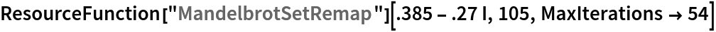 ResourceFunction["MandelbrotSetRemap"][.385 - .27 I, 105, MaxIterations -> 54]