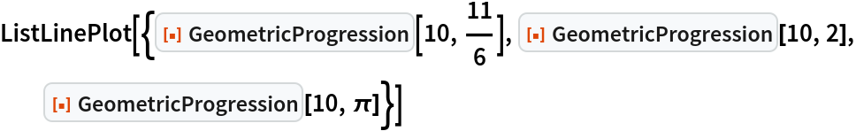 ListLinePlot[{ResourceFunction["GeometricProgression"][10, 11/6], ResourceFunction["GeometricProgression"][10, 2], ResourceFunction["GeometricProgression"][10, \[Pi]]}]